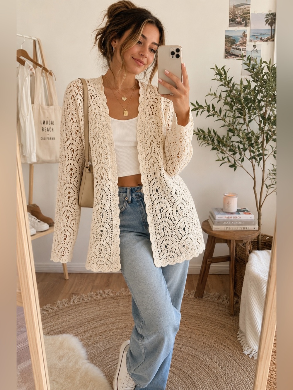 Jones New York Signature XL Angora Wool crochet Cardigan Cream Open Sweater